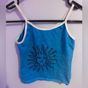 extra small blue crop/tank top with a sun on the front